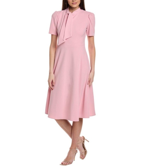 NEW MAGGY LONDON Shell PINK Short Sleeve NECKTIE Fit & Flare MIDI DRESS 2 (fit 4 - Picture 7 of 8